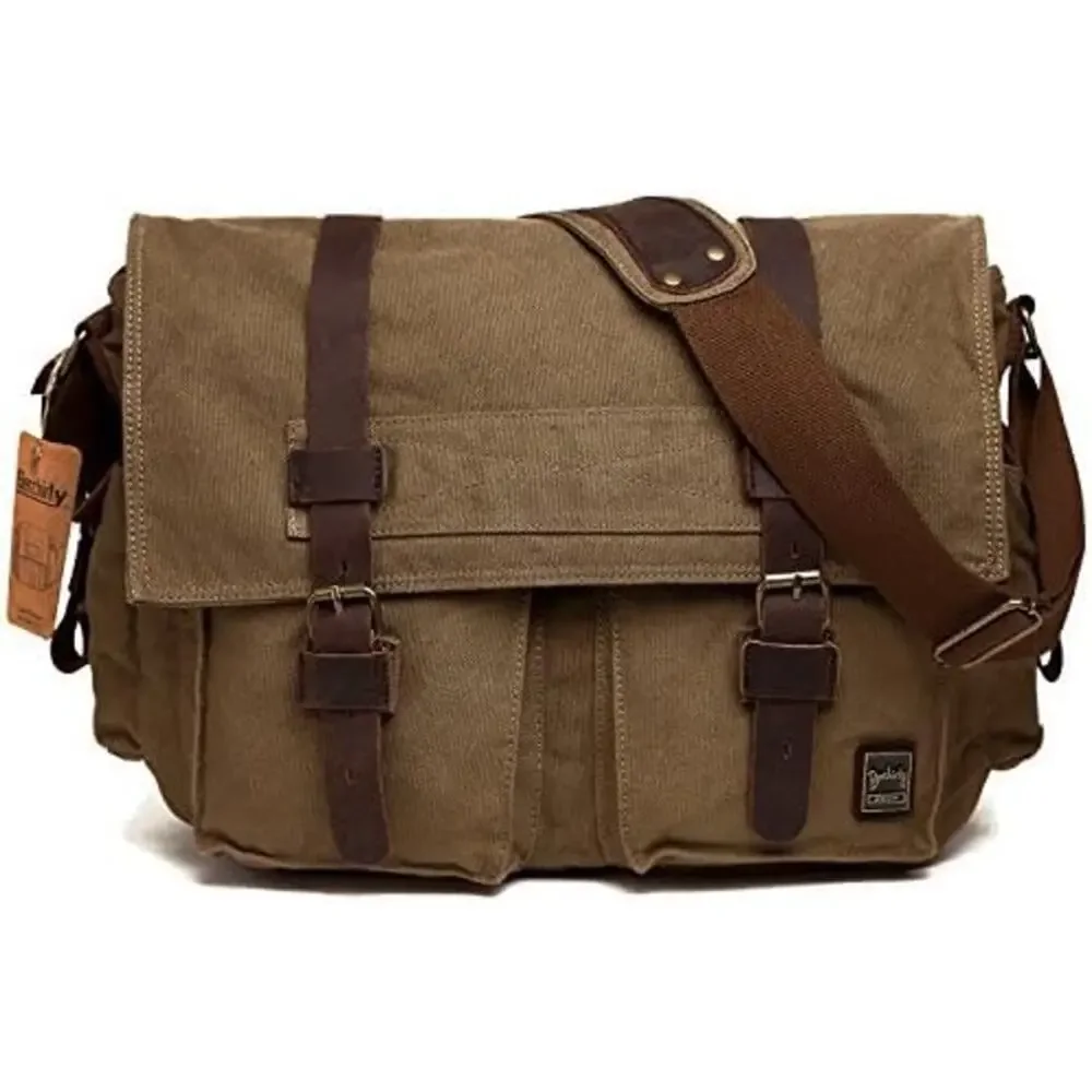 Vintage Berchirly Men's Brown Military Canvas Shoulder Straps Messenger Bag